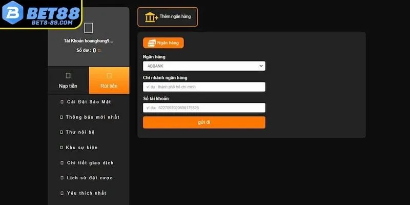 Lựa chọn cách thức thực hiện rút tiền BET8
